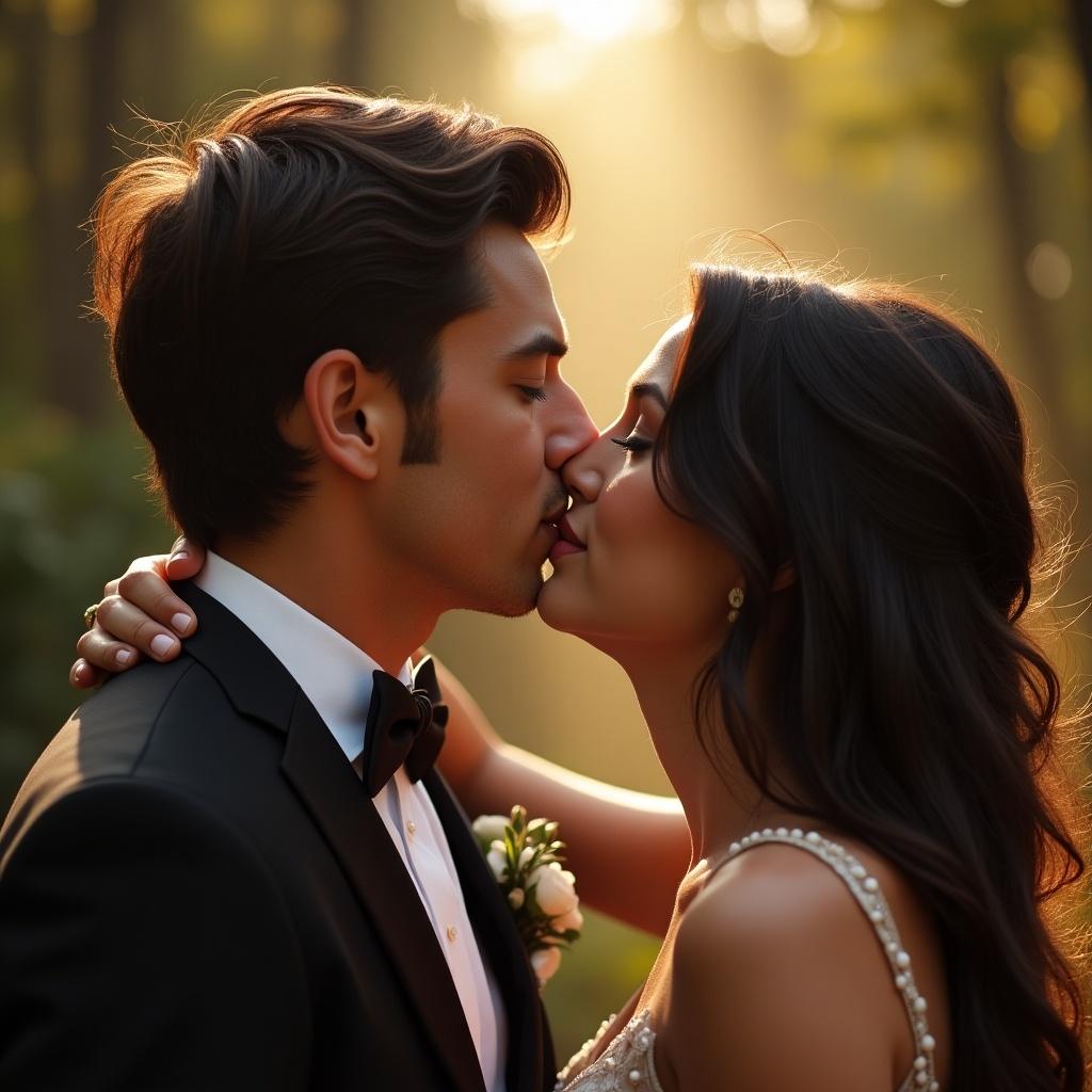 A couple shares a kiss in a sunlit forest. The scene captures the intimacy between them while surrounded by nature. Soft, warm colors enhance the romantic atmosphere.