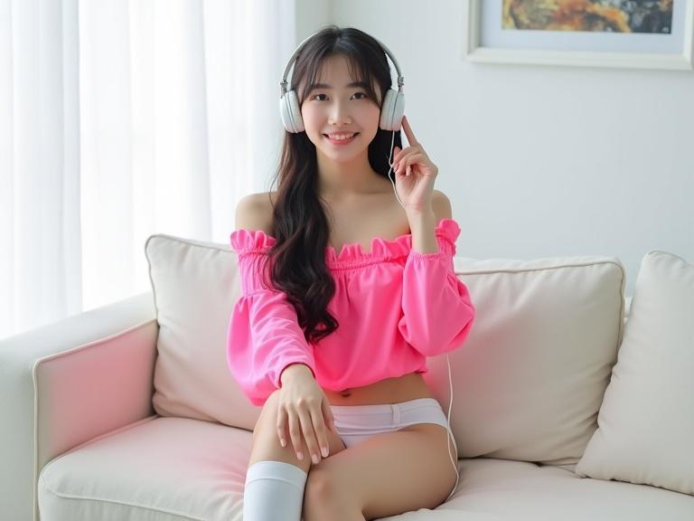 A young woman sits on a white couch. She wears a bright pink off-the-shoulder top and white underwear. Long dark hair is tied back. She has white over-the-knee socks. She holds white over-ear headphones to her ear. The cable trails down her arm. The background shows a modern room with white curtains and abstract art. The mood is casual and relaxed.