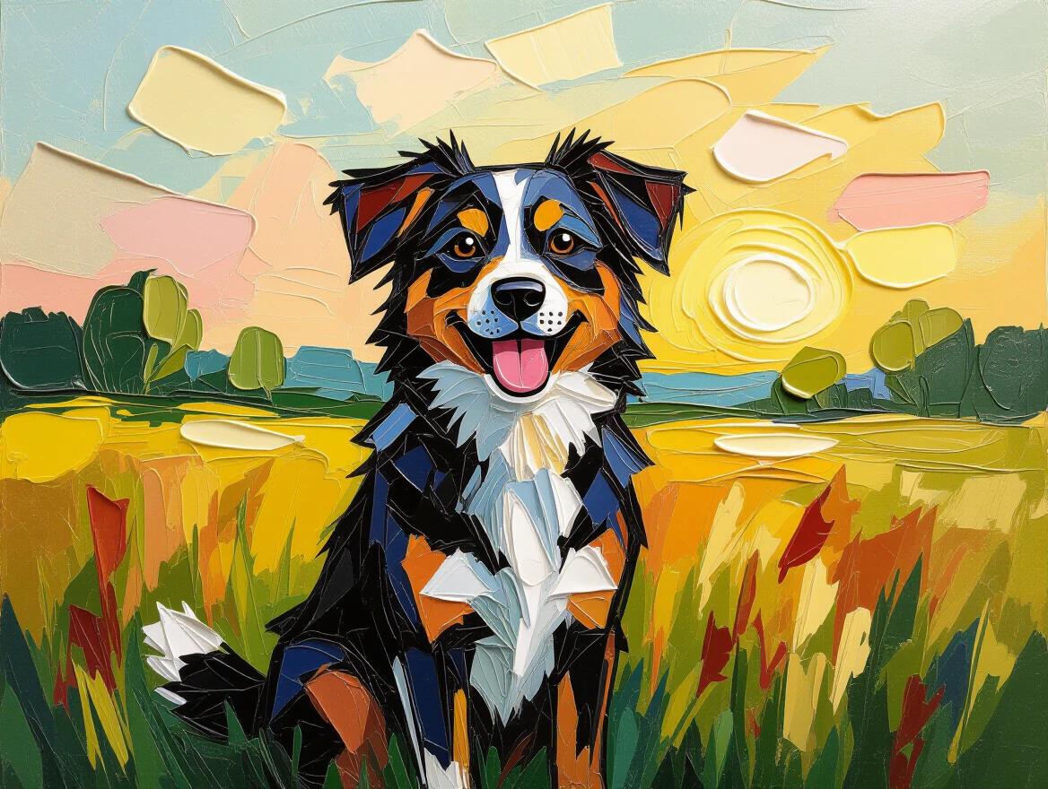 Highly textured encaustic impasto painting. Dog in the morning. Thick brushstrokes create three-dimensional relief.