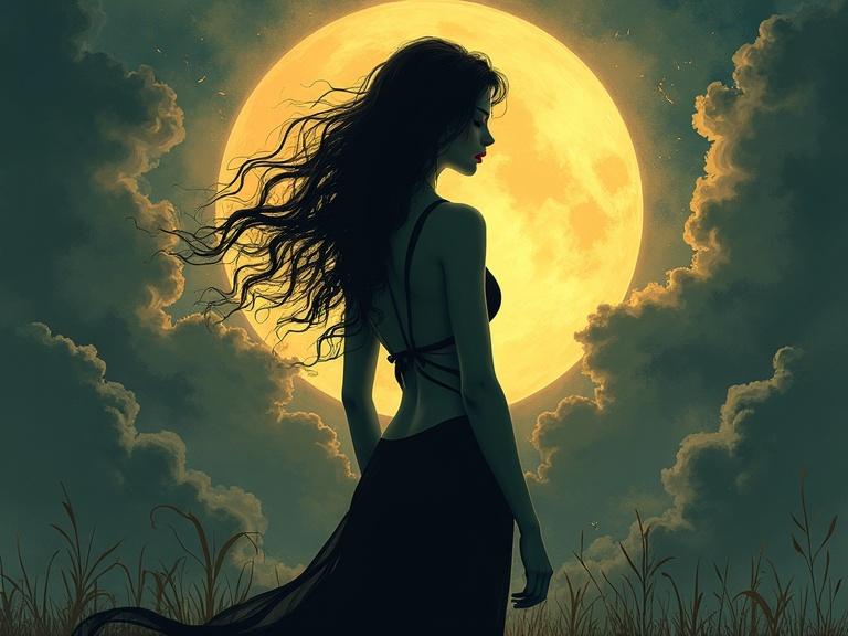 Digital illustration of a slender woman's silhouette in moonlight. The artwork uses earth tones and details, showing long hair flowing among stormy clouds. Evokes a graffiti art style.