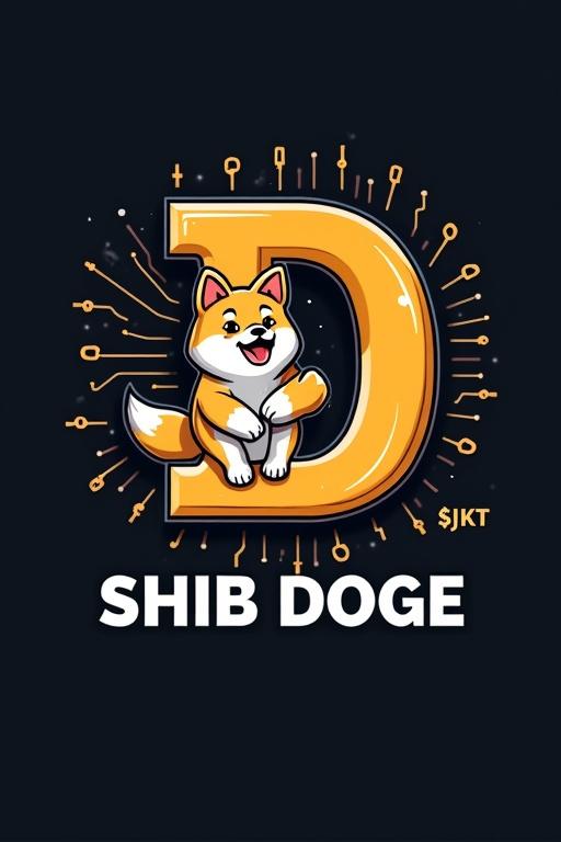 Logo design features a Shiba Inu dog hugging the letter D. The dog appears happy and friendly with distinct spots. Below the character bold text reads SHIB DOGE. The background features circuit elements enhancing the tech theme, The coin prominently displays the name '$JKT'.
