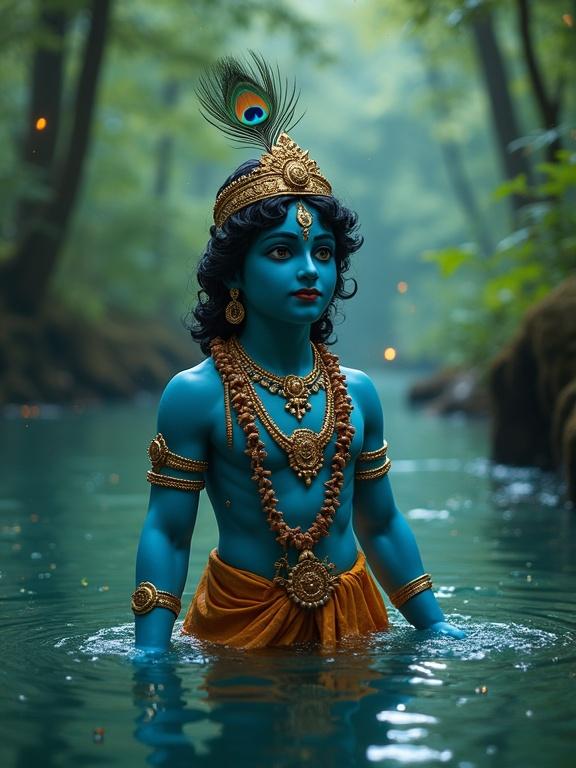 A divine blue-skinned figure inspired by Lord Krishna stands in a serene forest river. The figure is adorned with a peacock feather crown. Golden ornaments and a garland embellish the figure. Soft teal ambient light envelops the scene, complemented by glowing fireflies and lush green foliage surrounding the river.