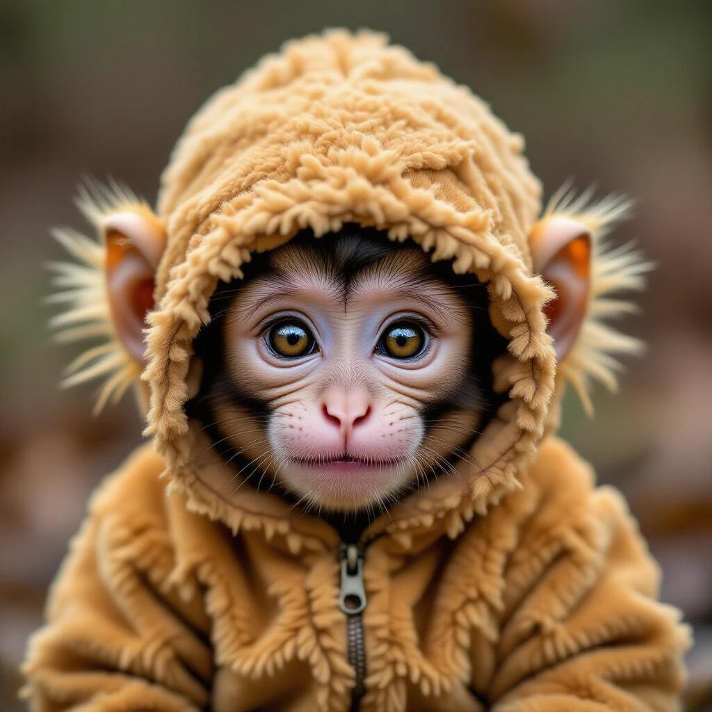 A young monkey-like baby with a round face. Features include chubby cheeks and big bright eyes. The monkey wears a cozy, fuzzy orange hoodie.