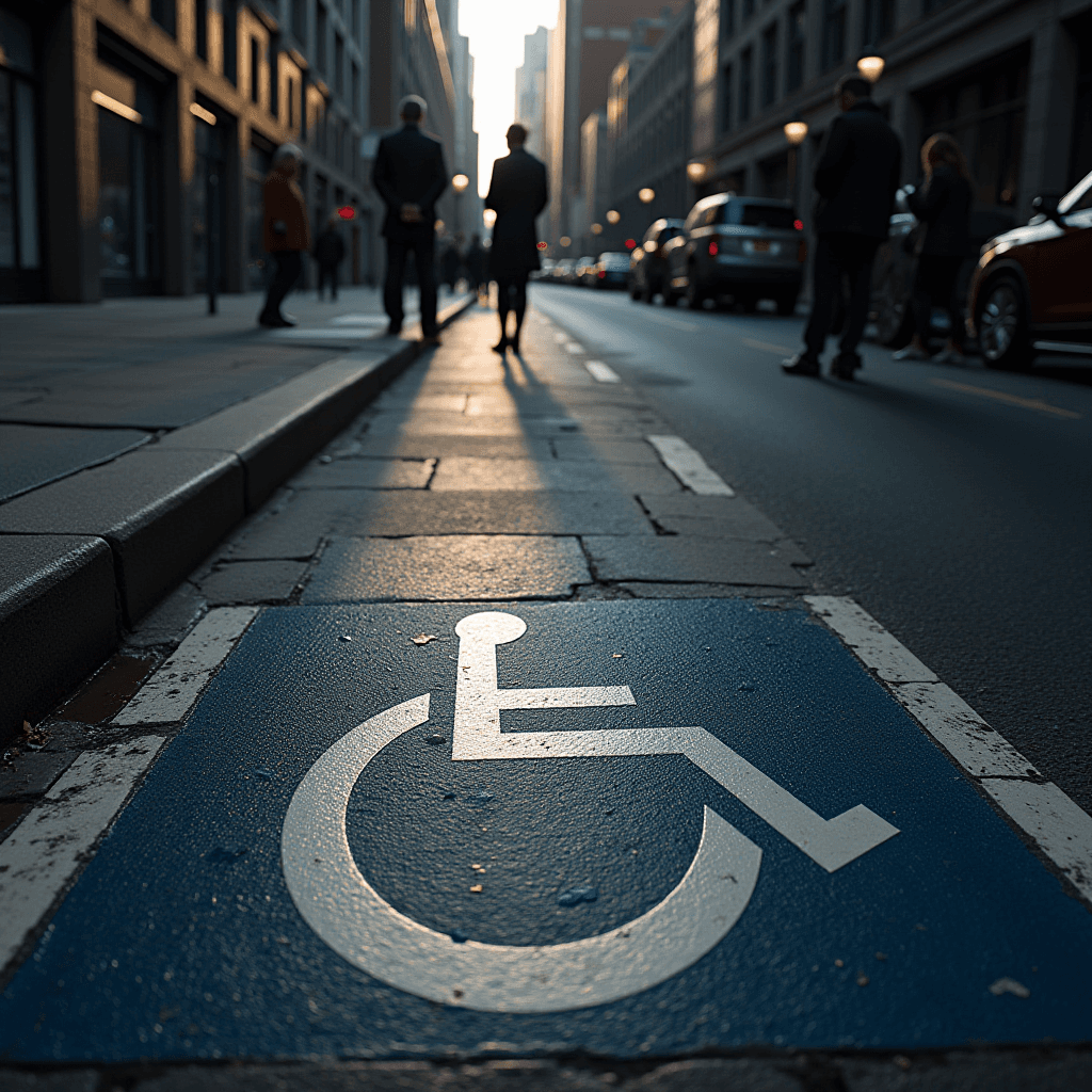 A city street features a handicapped parking symbol, with pedestrians walking in the background as the sun sets.