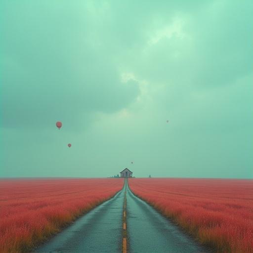 Endless field under an overcast sky leads to a solitary house on the horizon. Floating balloons add an uncanny nostalgic atmosphere. Pastel tones blend with a fluorescent glow. Image styled in grainy 35mm film with a cinematic hyperrealism.