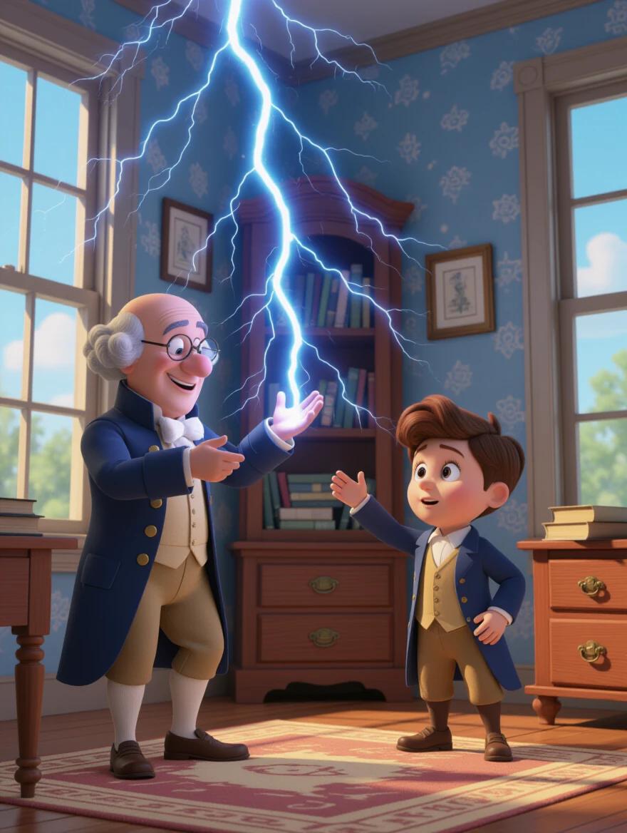 Fun cartoon scene of Benjamin Franklin with a boy creating a lightning effect in a room filled with books and warm colors
