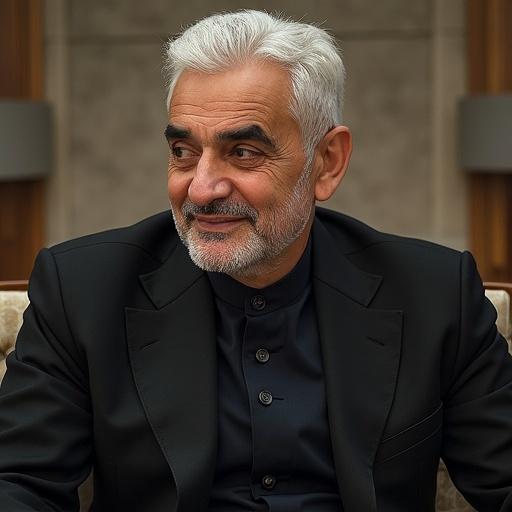 Portrait of a distinguished man with gray hair in a well-fitted black suit. He presents a thoughtful demeanor and is centered in a lavish indoor setting.