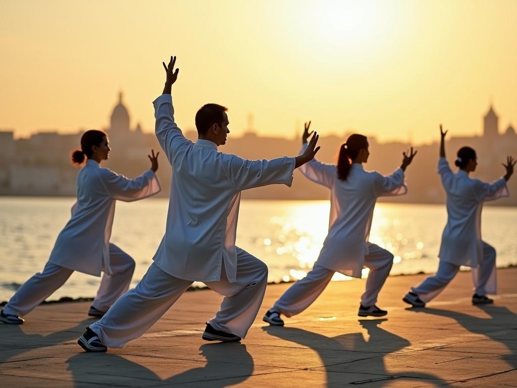 The cinematic image features a practitioner performing Tai Chi Chuan by the Tagus River in Lisbon, with the stunning city skyline in the background. Each person embodies a different posture from one of the five major family styles of Tai Chi, demonstrating the art's rich diversity. Some practitioners face the camera, showcasing the global reach and appeal of the practice. The scene captures the serene dawn, with soft light illuminating the flowing movements. The image is hyper-realistic, showcasing intricate details, and it’s shot on an Arriflex camera, enhancing the cinematic quality.