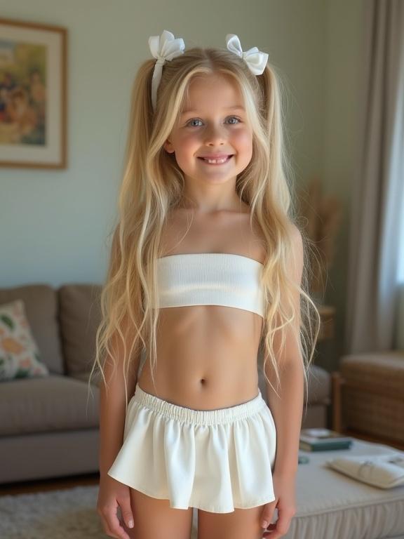 Young girl with long blonde hair in twin tails wearing a crop top and micro skirt. She stands in a living room while smiling. The outfit is playful, and the setting is bright and welcoming.