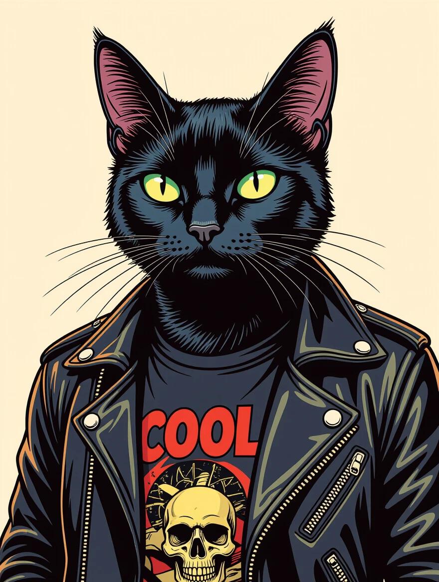 Comic style illustration of a black cat. Cat has striking green eyes. Cat wears a leather jacket with a band t-shirt. Graphic illustration shows vibrant colors and high detail.
