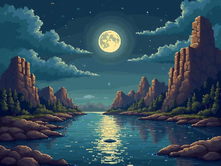 Pixel art representation of a serene landscape featuring a moonlit river. Tall rocks frame the water, reflecting the moon. Clouds scatter in the night sky.