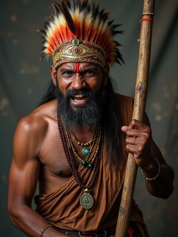 Indian man exhibiting anger, wearing traditional clothing and accessories, holding a wooden stick, showcasing cultural elements.