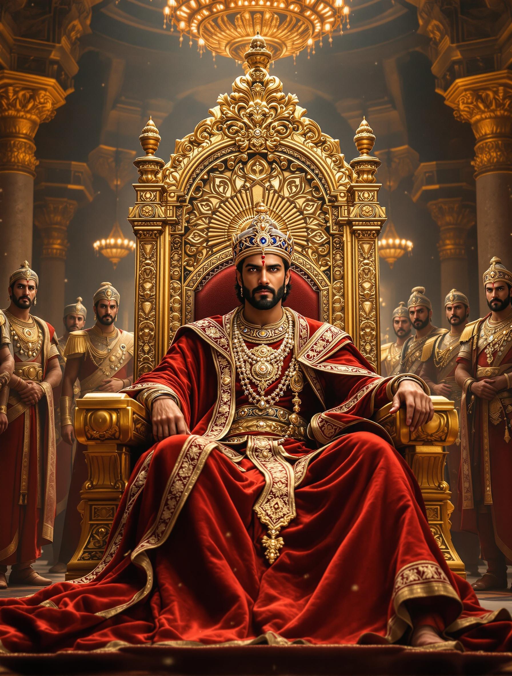 A majestic royal court in ancient India. King Veerendra is seated on a golden throne. He wears a royal red and gold sherwani and a flowing velvet cape. A jeweled crown is on his head. His expression is serious. Ministers and soldiers stand around him. The hall has intricate stone carvings and golden chandeliers.