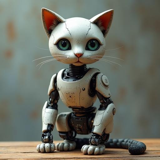 A robotic cat displayed on a wooden surface. It has metallic features and a playful pose. The cat showcases intricate details and a futuristic design.