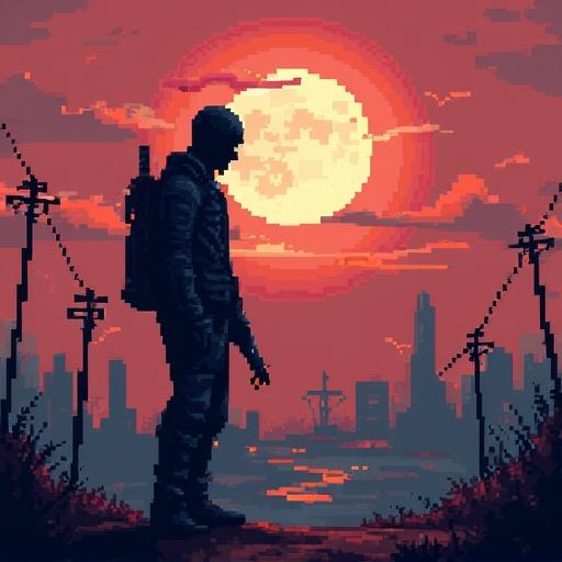 Post-apocalyptic scene featuring a man in silhouette drawn in pixel art style