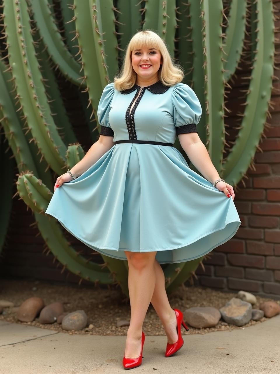 The image captures a woman in a powder blue vintage dress with puffed sleeves and black details, standing in front of a large, striking cactus. She wears vibrant red high heels that add a pop of color to the scene. Her smile and elegant pose evoke a sense of confidence and classic style, set against a backdrop of natural beauty.