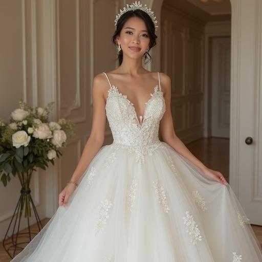 A bride smiling with flirty expression. Asian girl wears a Cinderella-inspired ballgown dress. The dress shows intricate details. Shot from a mirror's perspective like a selfie.