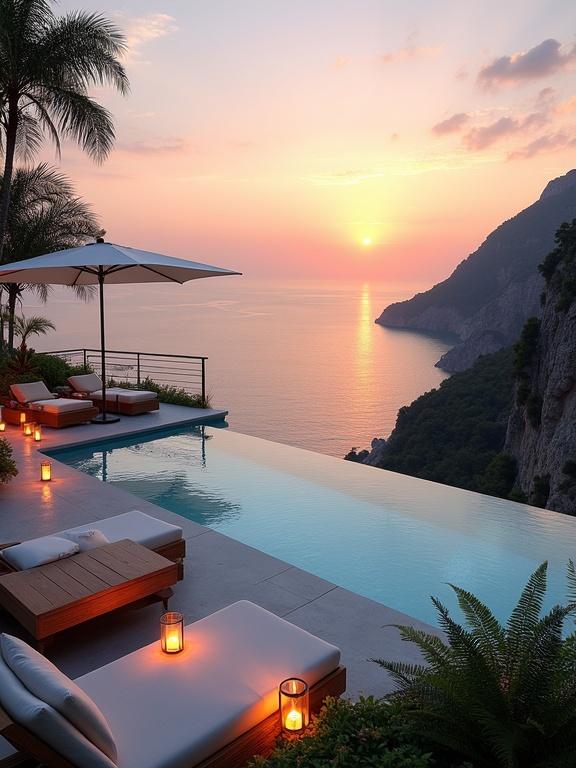 Stunning outdoor space design features infinity pool overlooking sea during sunset. Warm sunset colors reflect in water. Modern sunbeds and tables provide comfort beside the pool. Lush greenery surrounds area with palm trees and flowers. Lanterns emit warm light for cozy atmosphere. Cliffside view adds serenity and peace.