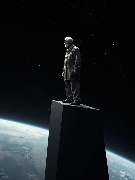 A photorealistic depiction of outer space highlighting the Earth’s curvature and a man standing on a monolith. Stars twinkle in the background. The man resembles a famous film director and wears casual clothing. The monolith is black and has distinct proportions.
