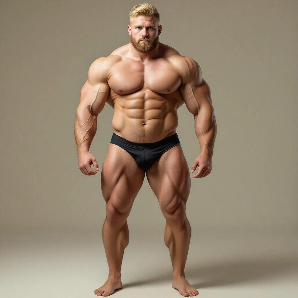 Photograph of a muscular man standing on a road. He has thick thighs and a massive body. His skin is pale and he has blonde hair. The background is a cloudy sky with few trees.
