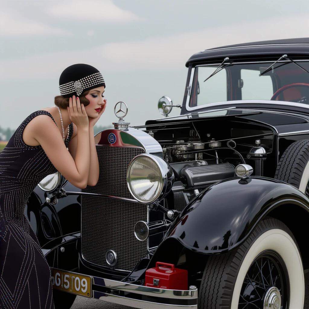 Photorealistic image of a 1928 Mercedes 18/100 PS Sportwagen with a socialite leaning over its fender. The socialite wears a cloche hat and a beaded dress. She is gazing at the carburetor of the car's engine. Steaming engine bay is visible with clouds of steam from the boiling radiator. The photo captures a comedic expression of despair.