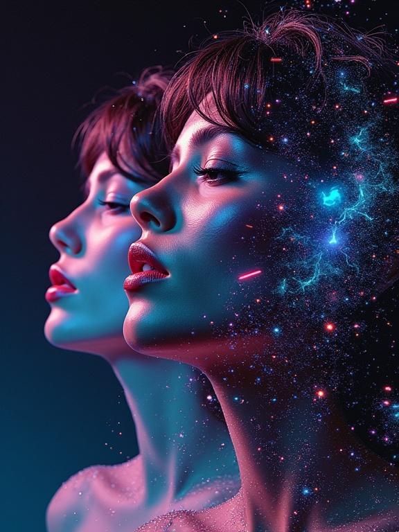 Retro 1980s-style portrait of a woman with form shattered into three sections. Fractured by reality, with jagged neon-glitching borders. Right section sharp and clear, central section distorting with unraveling pixels. Left section dissolving into cosmic void, outlined by neon data fractures. Stars and nebulae pulse within darkness, capturing haunting digital existence.