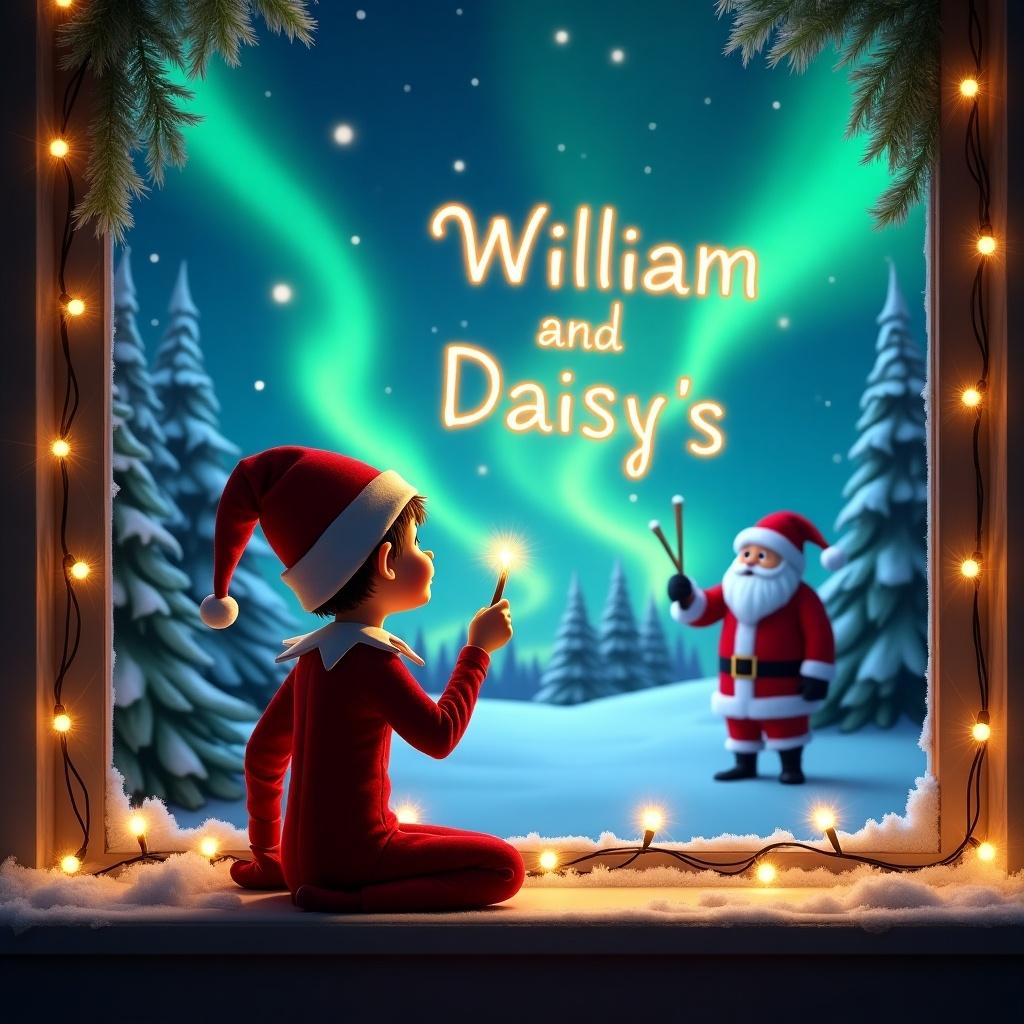 An elf sits on a window ledge with his back to the viewer. He holds a wand and writes 'William and Daisy' in glowing letters. The night sky shows vibrant northern lights. Santa Claus appears in the background. Snow-covered trees create a festive scene. Lights adorn the window sill.