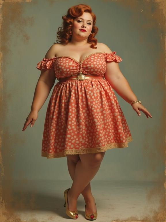 A vintage pin-up styled woman poses confidently. She wears a chubby figure flattering dress with off-shoulder sleeves. Bright lipstick complements her styled hair. The backdrop is muted, giving a classic feel.