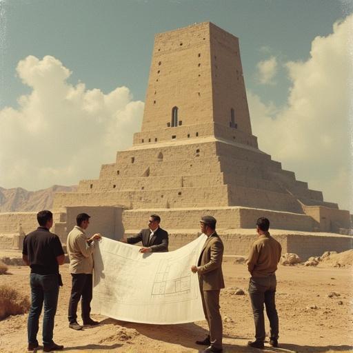Architect discusses plans in front of the Tower of Babel with engineers. Group holds a large rolled-out papyrus plan. Background features the towering structure. Desert landscape provides setting. Clear sky enhances visibility.