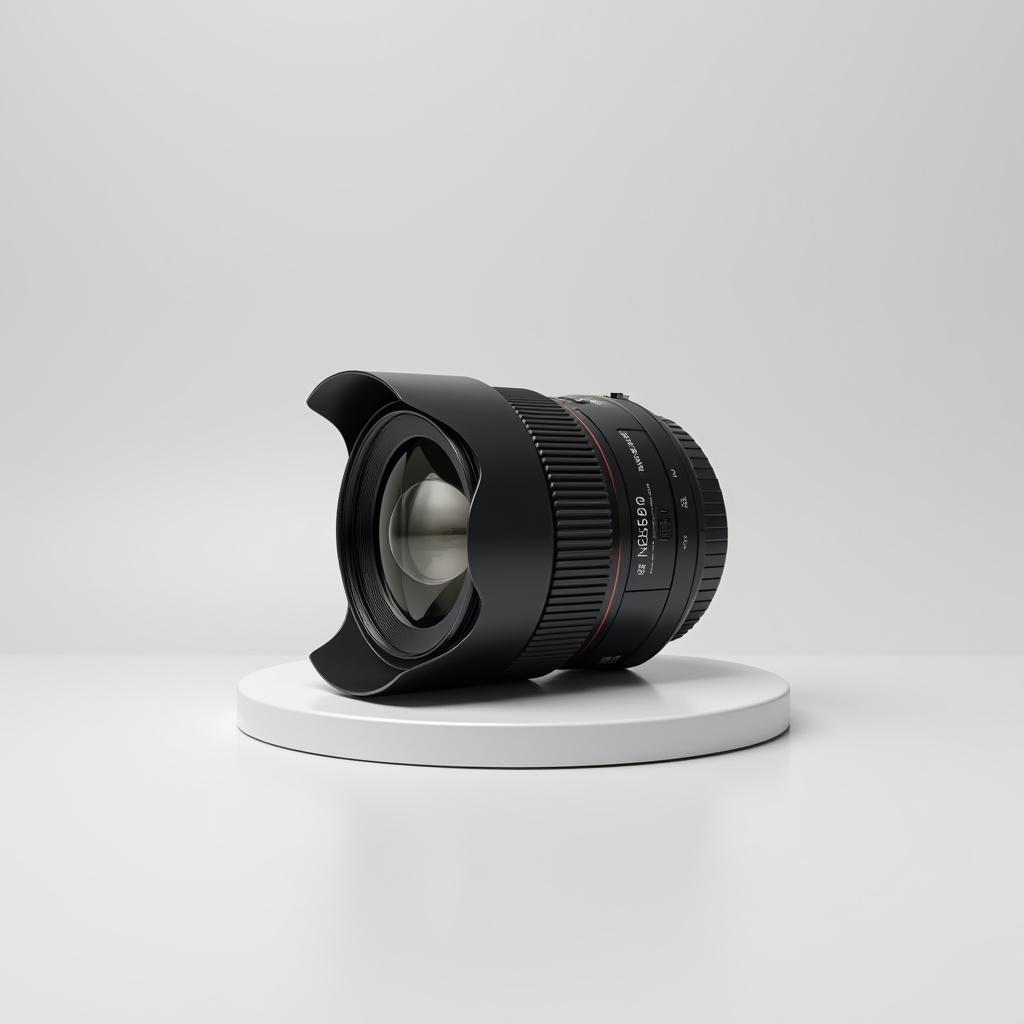 Camera lens displayed on white circular platform against plain background.