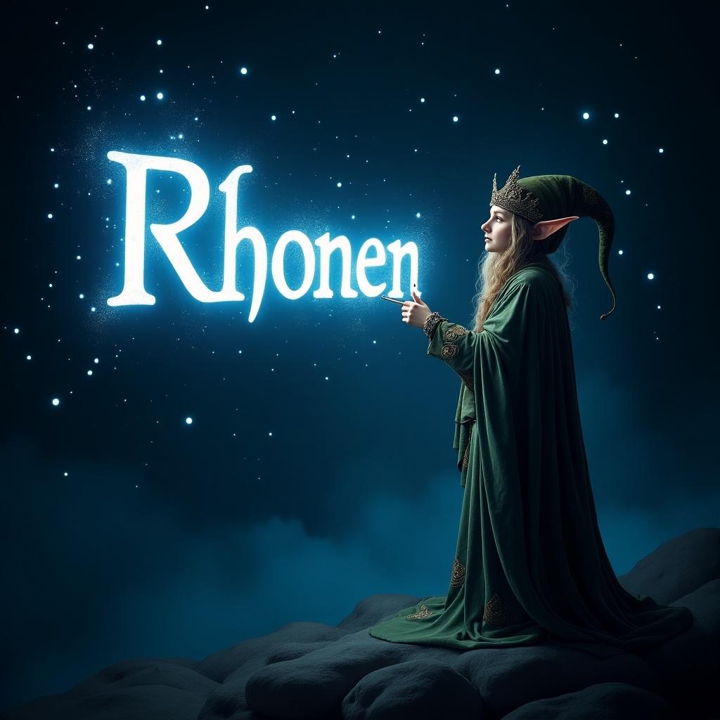 An elf character uses a magical wand to write a glowing name. The name 'Rhonen' appears brightly against a starry background. The dark setting emphasizes the luminous letters in white and light blue shades. The scene inspires feelings of magic and wonder, transporting viewers into a fantasy realm.