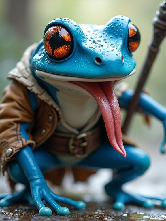 Humanoid blue frog has a white jaw. Frog is in a dynamic action pose. Tongue is out. Wearing pirate leather jacket. Frogadier inspired. Frog is a sorcerer with a staff. Image captures flowing clothing and water magic elements. Style is semirealistic and epic.