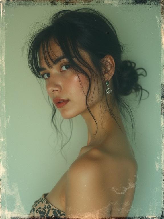 Photo of a woman with a shoulder exposed. Image processed to imitate expired polaroid film. Layers slightly off center. Captures a soft and artistic feel.