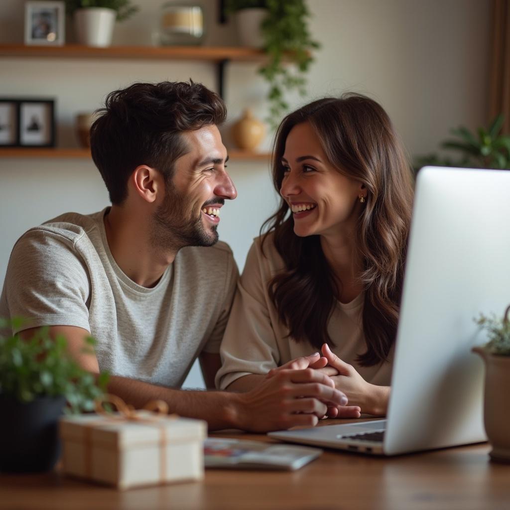 Couple engaged in a lively video call surrounded by personal touches like photos and gifts. Emphasizes connection and interaction.