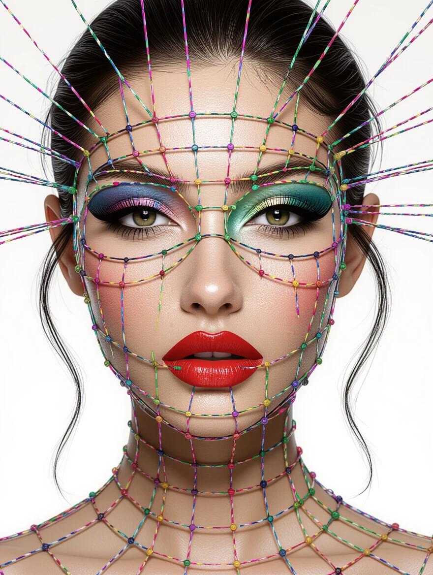 Close-up of a face adorned with colorful strings in an intricate design. Bold makeup features are highlighted. Overall glamorous and artistic appearance.