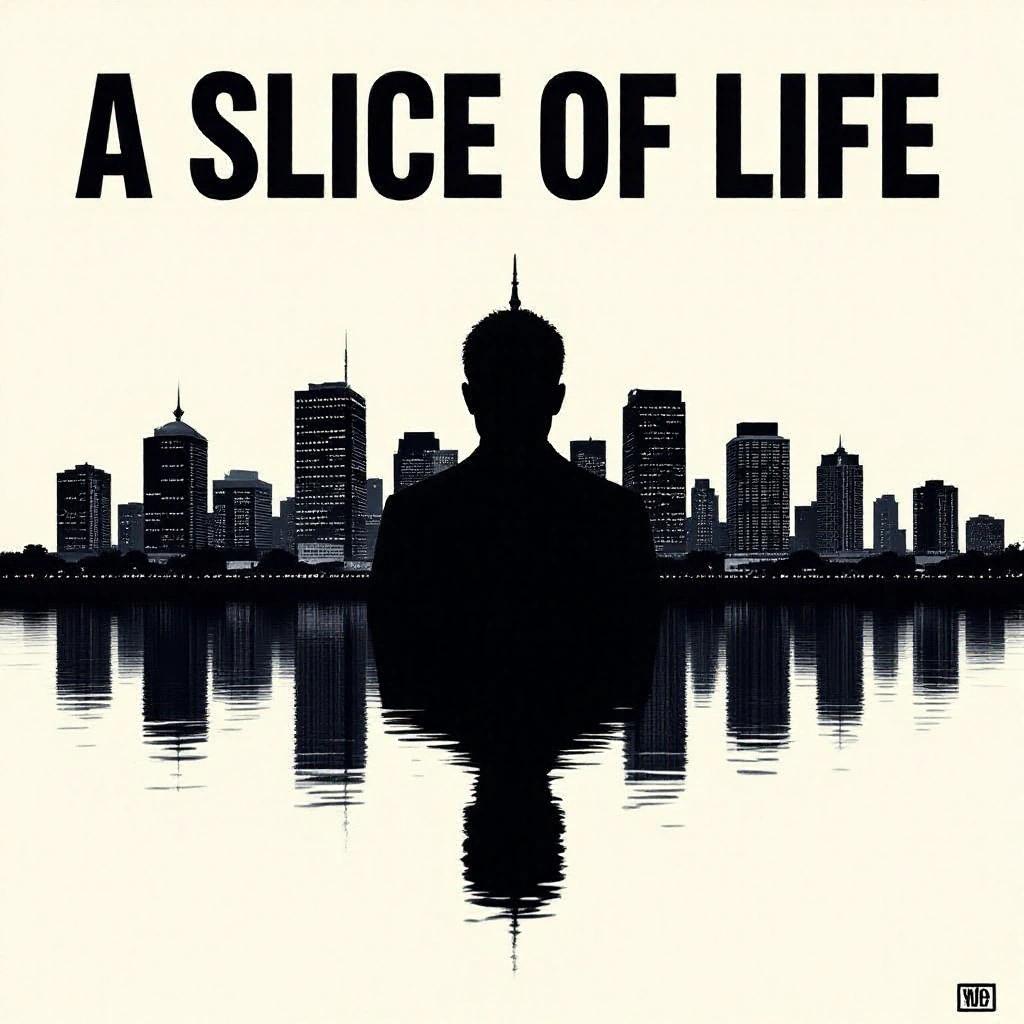 Dark Miami cityscape background. Ominous black silhouette in the foreground. City skyline reflected in the water. Large title reads A Slice Of Life.