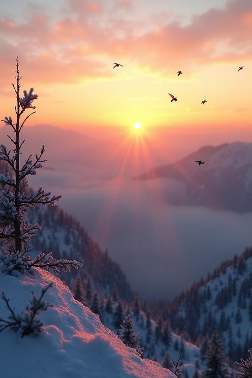 Close-up view of birds flying over a breathtaking sunrise in the high mountains during winter.