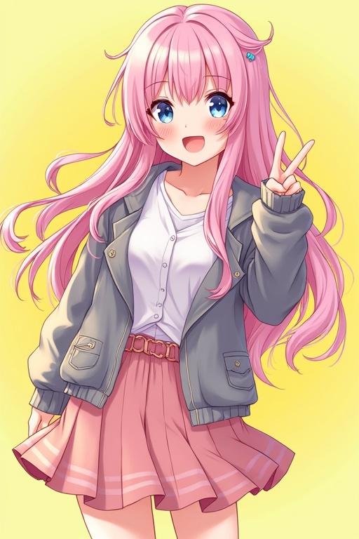 Anime girl character design. Long pink hair. Wearing a casual outfit with a jacket and skirt. Gesture showing peace sign. Cheerful expression with sparkling blue eyes. Background bright and lively.