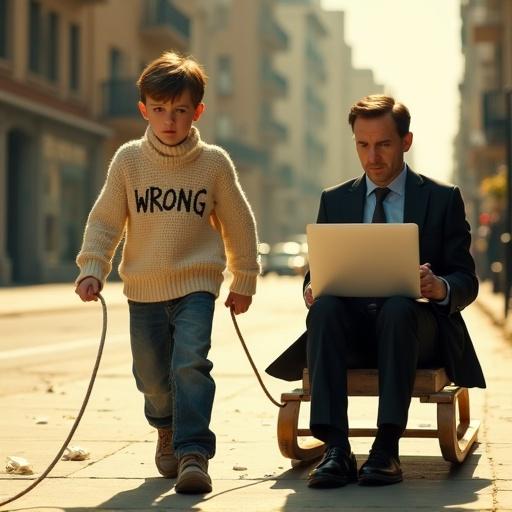 Photorealistic city scene on a warm summer day. Serious young boy pulling heavy wooden sled along sunlit quiet city street. Boy wearing cream-colored knitted sweater with 'WRONG' embroidered across chest. Dark denim jeans and worn shoes show strain and determination. Attached to sled are two adults in formal attire focused on laptops. Urban environment is warm and hazy with tall buildings, scattered litter, and mild sunlight. Still and surreal atmosphere with realistic textures and natural lighting.