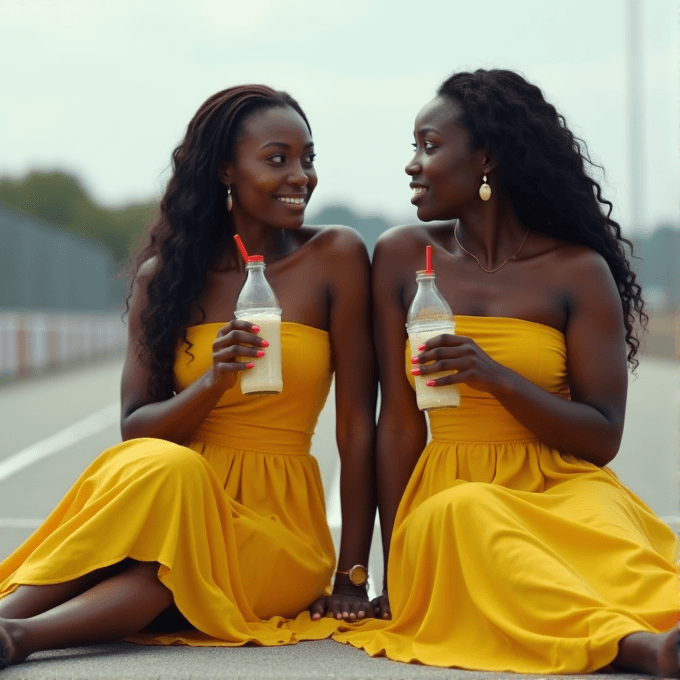 Two women in matching yellow dresses sit on a path, each holding a milkshake, and sharing a joyful moment.