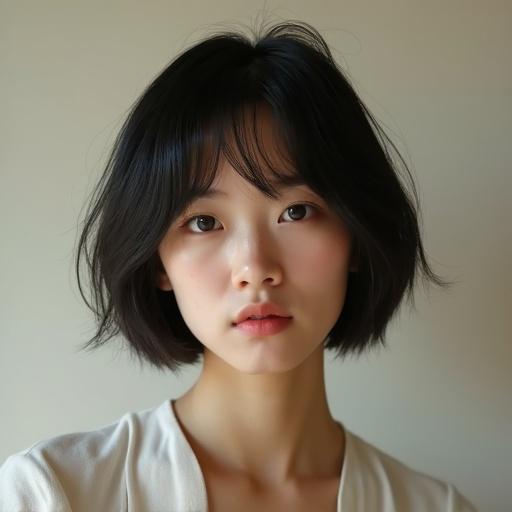 Portrait of an Asian girl with dark short straight hair. Soft natural light illuminates her face. There's a calm and serene expression. Minimal distractions in the background.