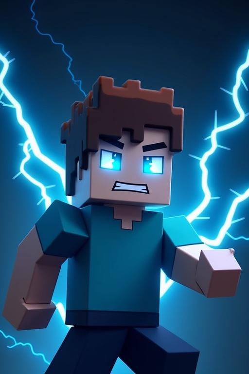 Minecraft character age ten. Character looks intelligent and determined. He wears a blue shirt. Background is dark. Electric blue lights gleam from his eyes. Surrounding him are bolts of electricity. Overall style is blocky. Energetic and electrifying depiction highlighted.