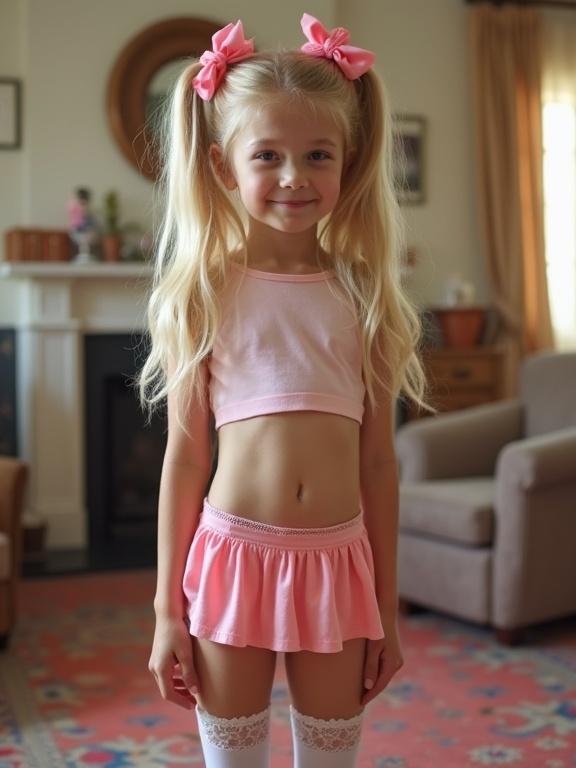Girl with long blonde hair styled in twin tails wears pink bows standing in a living room. A crop top and ultra low-rise micro skirt. Smiling with a very slim waist. Thigh-high socks with lace detail. Friendly atmosphere of a birthday party with friends. Colorful rug in the background.