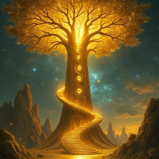 Floating golden citadel towers crystalline light suspended in cosmos. Ethereal ancestral spirits whisper through winds weaving branches massive celestial tree. Ten luminous pentacles pulse within trunk with ancient wisdom. Realm of legacy divine wealth infinite knowledge, where time bends and reality listens. Background swirls with surreal nebulae and fractal patterns embodying eternal cycle of prosperity. Golden staircases spiral toward infinity bridging dimensions of material and spiritual success. Salvador Dalí-inspired surrealism intricate celestial architecture glowing golden fractals cosmic dreamscape 4K.