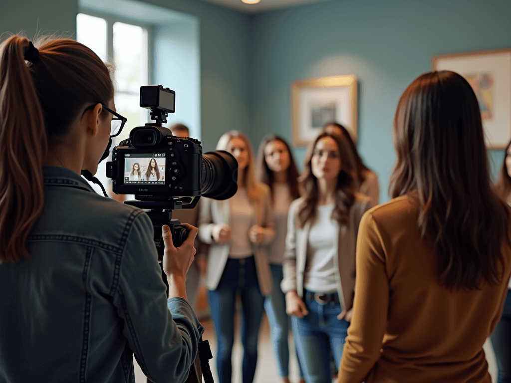 A photographer captures a group of women who are involved in a photoshoot within a warmly lit room.