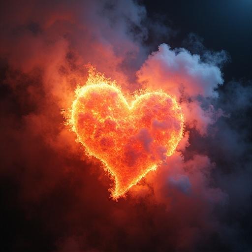 Burning sodium creates a glowing heart shape in the sky. Bright colors depict passion. Dramatic lighting enhances the effect. Clouds surround the heart providing depth.