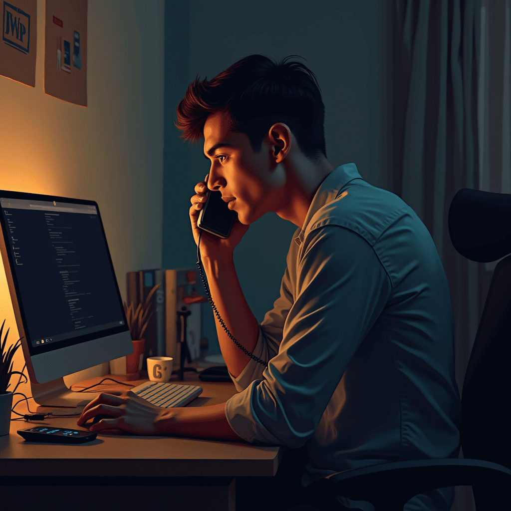 A man is engaged in a phone conversation while working on a computer at his desk, illuminated by warm lighting.