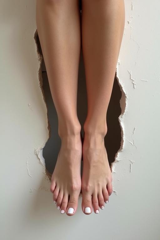 Female legs in a natural skin tone. White nail polish applied on the toenails. Legs are sticking out from a hole in a white wall. The wall shows rough edges around the hole. The feet are placed together. The background is light-colored. Soft natural lighting is used.