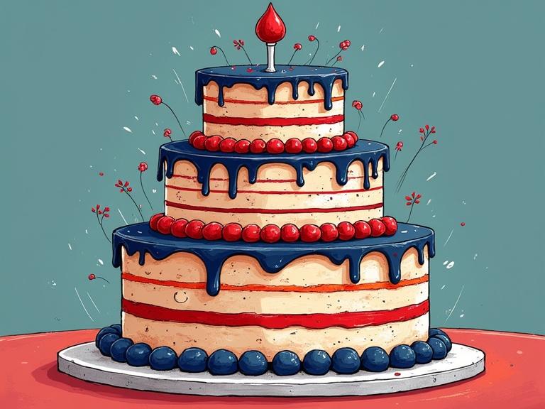 Detailed representation of a whimsical multi-layered cake. Bold navy and red colors. Sharp clarity in design. Mix of traditional and modern artistic elements.