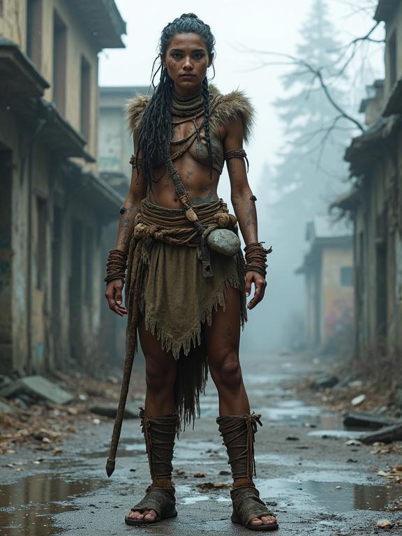 Full-body portrait of tall female huntress from neo-stone age. She stands in overgrown ruins of modern city during winter. Body is athletic from survival. Skin is pale with freckles and scars. Cheeks are flushed; lips cracked. Charcoal pigments on face and arms. Expression is focused and alert. Hair is braided with decorations. Wears well-crafted layers of hide and fur, with dyed cloth scraps. Primitive weapon with stone head rests on her shoulder. Bark pouch hangs at her side. Footwear is moccasin-like from recycled rubber. She stands in damp urban street with cracked pavement and broken walls. Foggy atmosphere with cold light. Realistic skin texture with roughness. Shallow depth of field, somber tone.